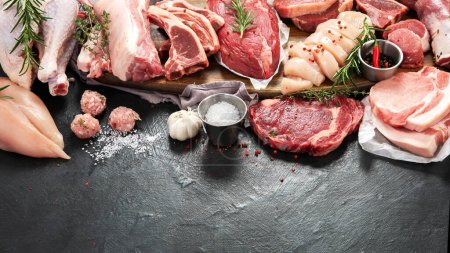 Foto de Diferentes tipos de carne cruda: carne de res, cerdo, cordero, pollo sobre fondo oscuro, espacio para copiar - Imagen libre de derechos
