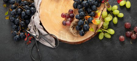 Téléchargez les photos : Raisins verts et noirs sur une assiette en bois. Vue de dessus. Panorama. - en image libre de droit