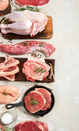 Téléchargez les photos : Différents types de viande fraîche : porc, bœuf et poulet sur fond gris. Vue du dessus. - en image libre de droit