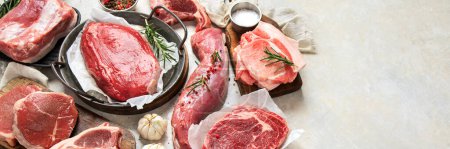 Photo for Various types of fresh meat: pork, beef and chicken on a grey background. Top view. Panorama with copy space. - Royalty Free Image