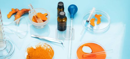Photo for Medicine research of curcuma properties with the help of laboratory equipment, woman in gloves testing turmeric powder. Top view. Panorama with copy space - Royalty Free Image