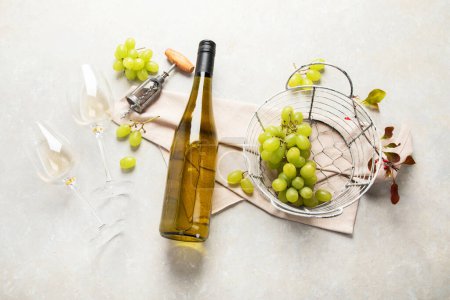 Photo for Flat-lay of white wine in glasses and corkscrews on a white background, top view, wide composition. Wine bar, winery, wine degustation concept. - Royalty Free Image