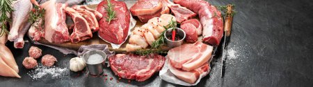Different types of raw meat - beef, pork, lamb, chicken on dark background, copy space, panorama, banner