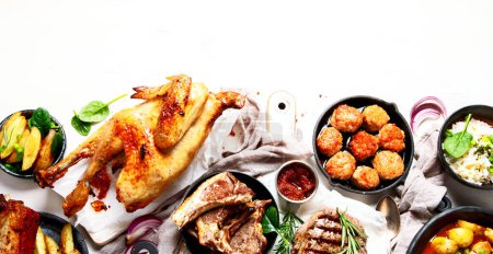 Photo for Meat main dishes. Plates of various meat. Non vegetarian food banner. Top view. Copy space - Royalty Free Image