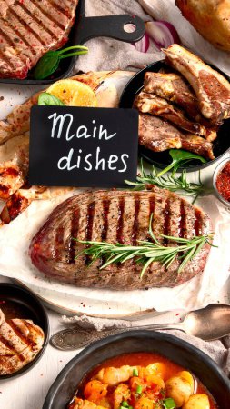 Photo for Meat main dishes. Plates of various meat. Non vegetarian food banner. Top view. - Royalty Free Image
