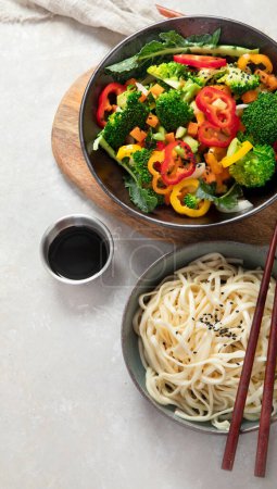 Photo for Asian noodle and vegetables. Vegan, vegetarian eating. Healthy food. Top view - Royalty Free Image