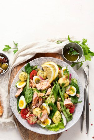 Photo for Traditional French dish. Tuna salad, healthy mediterranen diet. Top view, copy space - Royalty Free Image