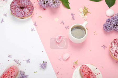 Foto de Composition with cup of coffee on color background. Spring natural background. Top view, flat lay, copy space - Imagen libre de derechos