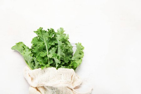 Téléchargez les photos : Fresh green curly kale leaves on neutral background. Healthy food ingredients. Top view, copy space - en image libre de droit