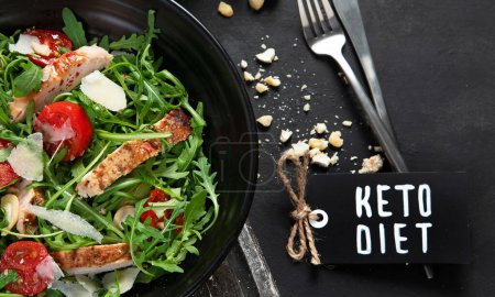 Téléchargez les photos : Chicken breast and fresh vegetable salad of lettuce, arugula, spinach, parmesan and tomatoes in dark plate. Healthy mediterranean dish. Keto Diet eating. Top view - en image libre de droit
