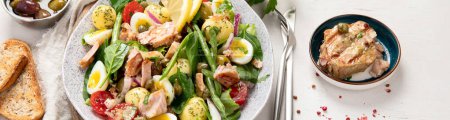 Photo for Nicoise salad with canned tuna. healthy mediterranen diet. Top view, panorama, banner - Royalty Free Image