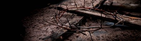 Photo for Jesus Christ  Hammer And Bloody Nails And Crown Of Thorns  on dark Background. Easter symbol concept. Top view, panorama, banner - Royalty Free Image