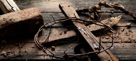 Photo for Crucifixion Of Jesus Christ - Cross With Hammer Bloody Nails And Crown Of Thorns.  Panorama - Royalty Free Image