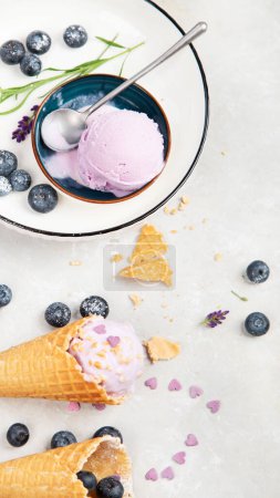 Foto de Organic blueberry ice-cream on neutral background. Concept of organic food. Top view - Imagen libre de derechos