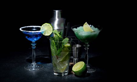 Photo for Set of various colorful cocktails on black background. Classic long drink cocktails menu concept. - Royalty Free Image