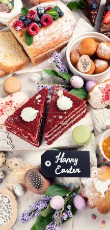 Téléchargez les photos : Table de desserts de Pâques. Doux concept de vacances de Pâques avec des décorations de vacances. Vue du dessus - en image libre de droit