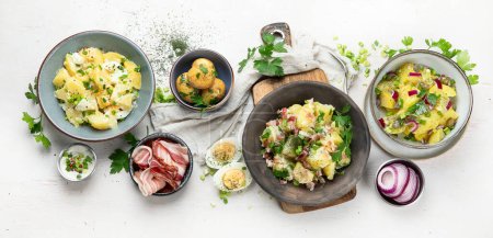 Photo for Set with different potato salads. Traditional german and american cuisine. Top view - Royalty Free Image