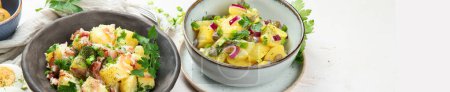 Photo for Set with different potato salads. Traditional german and american cuisine. Panorama, banner, copy space - Royalty Free Image