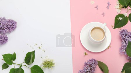 Foto de Composition with cup of coffee on color background. Spring natural background. Top view, flat lay, copy space - Imagen libre de derechos