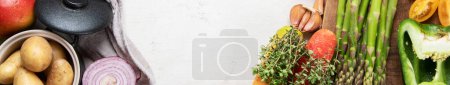 Photo for Healthy food clean eating selection: fruit, vegetable, seeds, superfood, cereal, leaf vegetable on a white background. Top view. Panorama with copy space. - Royalty Free Image