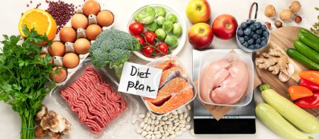 Photo for Balanced diet food background. Nutrition, clean eating food concept. Diet plan with vitamins and minerals. Panorama. - Royalty Free Image