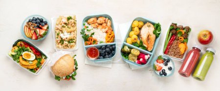Photo for Healthy meal slimming diet plan daily ready menu background, organic fresh dishes and smoothie, fork knife on paper eco bag as food delivery courier service at home in office concept, top view. Panorama. - Royalty Free Image