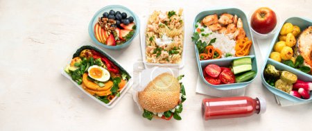 Photo for Healthy meal slimming diet plan daily ready menu background, organic fresh dishes and smoothie, fork knife on paper eco bag as food delivery courier service at home in office concept, top view. Panorama with copy space. - Royalty Free Image