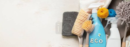 Photo for Eco brushes and cleaning products on light background.  Eco Cleaner concept. Top view, copy space. Panorama, banner - Royalty Free Image