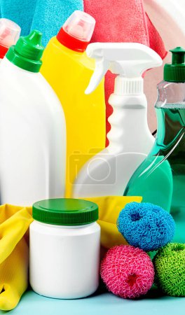 Photo for Cleaning products. Bottles, rubber gloves and cleaning sponge.  Cleaning supplies collection. Housework concept - Royalty Free Image