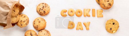 Photo for National cookie day , chocolate cookies , Biscuit, Cookie day poster, 4 December, american food holiday on a white background. Panorama, banner. - Royalty Free Image