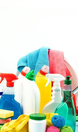 Photo for Cleaning products. Bottles, rubber gloves and cleaning sponge.  Cleaning supplies collection. Housework concept - Royalty Free Image