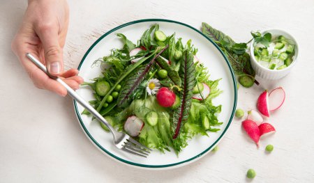 Téléchargez les photos : Salade vitaminée printanière. Salade de légumes frais et d'herbes. Concept de saine alimentation. Vitamines pour l'immunité. Nourriture pour végétariens sur fond blanc. Vue du dessus. - en image libre de droit