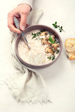 Photo for Mushroom cream soup. Healthy vegan dish. Top view - Royalty Free Image