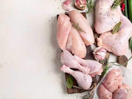 Photo for Various raw chicken meat portions. Top view, copy space - Royalty Free Image