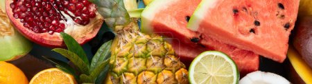 Photo for Fresh fruits assorted on a blue background. Vitamins natural nutrition concept. Top view. Panorama. - Royalty Free Image