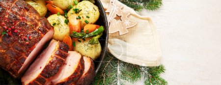 Photo for Christmas composition with baked ham on white background. Traditional food concept. Top view. Panorama with copy space. - Royalty Free Image