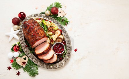 Photo for Christmas composition with baked ham on white background. Traditional food concept. Top view. Copy space. - Royalty Free Image