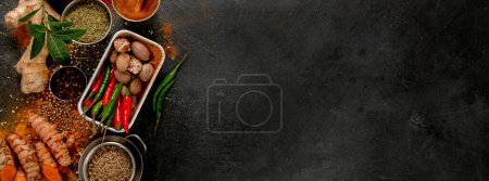 Photo for Spices on dark background. Different varius. Top view, copy space. - Royalty Free Image