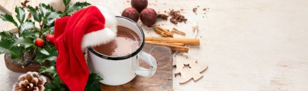 Photo for Christmas cacao in white mug  with Christmas decorations on a light background. Merry Christmas greeting card. Top view. Panorama with copy space. - Royalty Free Image
