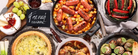 Photo for French food assortment on dark background. Traditional cuisine concept. Top view. Panorama. - Royalty Free Image