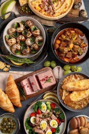 Photo for French food assortment on dark background. Traditional cuisine concept. Top view. - Royalty Free Image