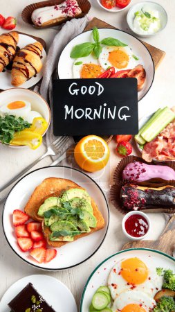 Photo for Healthy breakfast eating concept, various morning food on light background. - Royalty Free Image
