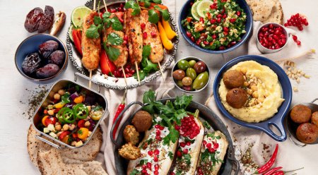 Photo for Middle eastern or Arabic dishes on light background. Tasty traditional food. Top pview - Royalty Free Image