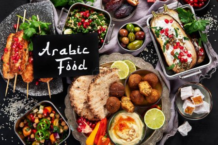 Photo for Middle eastern or Arabic different dishes on black background. Tasty traditional food concept. Top pview - Royalty Free Image