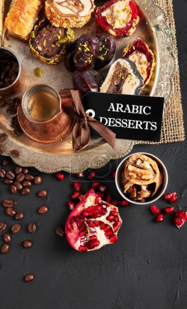 Photo for Hot tasty coffee with various pieces of turkish delight desets on a dark background. Traditional arabian food. Top view, copy space. - Royalty Free Image