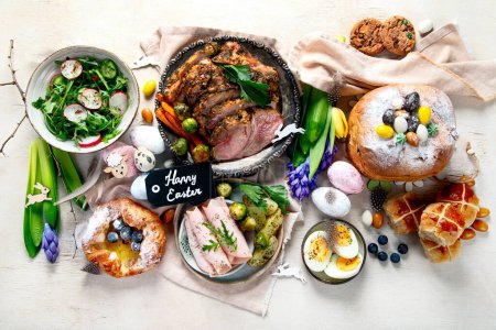 Photo for Easter dinner. Traditional food. Family spring event. Top view - Royalty Free Image