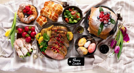 Photo for Cheerful Easter table. Traditional food at the event. Holiday concept. Top view, banner - Royalty Free Image