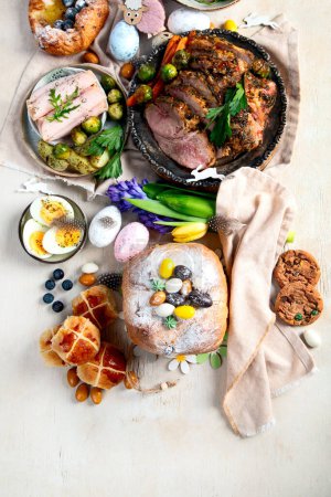 Photo for Easter dinner. Traditional food. Family spring event. Top view, copy space - Royalty Free Image