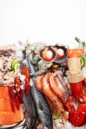 Téléchargez les photos : Divers plats de fruits de mer et de poissons. Concept d'alimentation saine sur fond blanc, vue de dessus. Espace de copie. - en image libre de droit