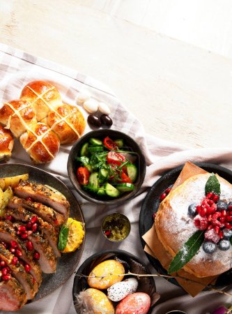 Photo for Cheerful Easter table. Traditional food at the event. Holiday concept. Top view, copy space - Royalty Free Image